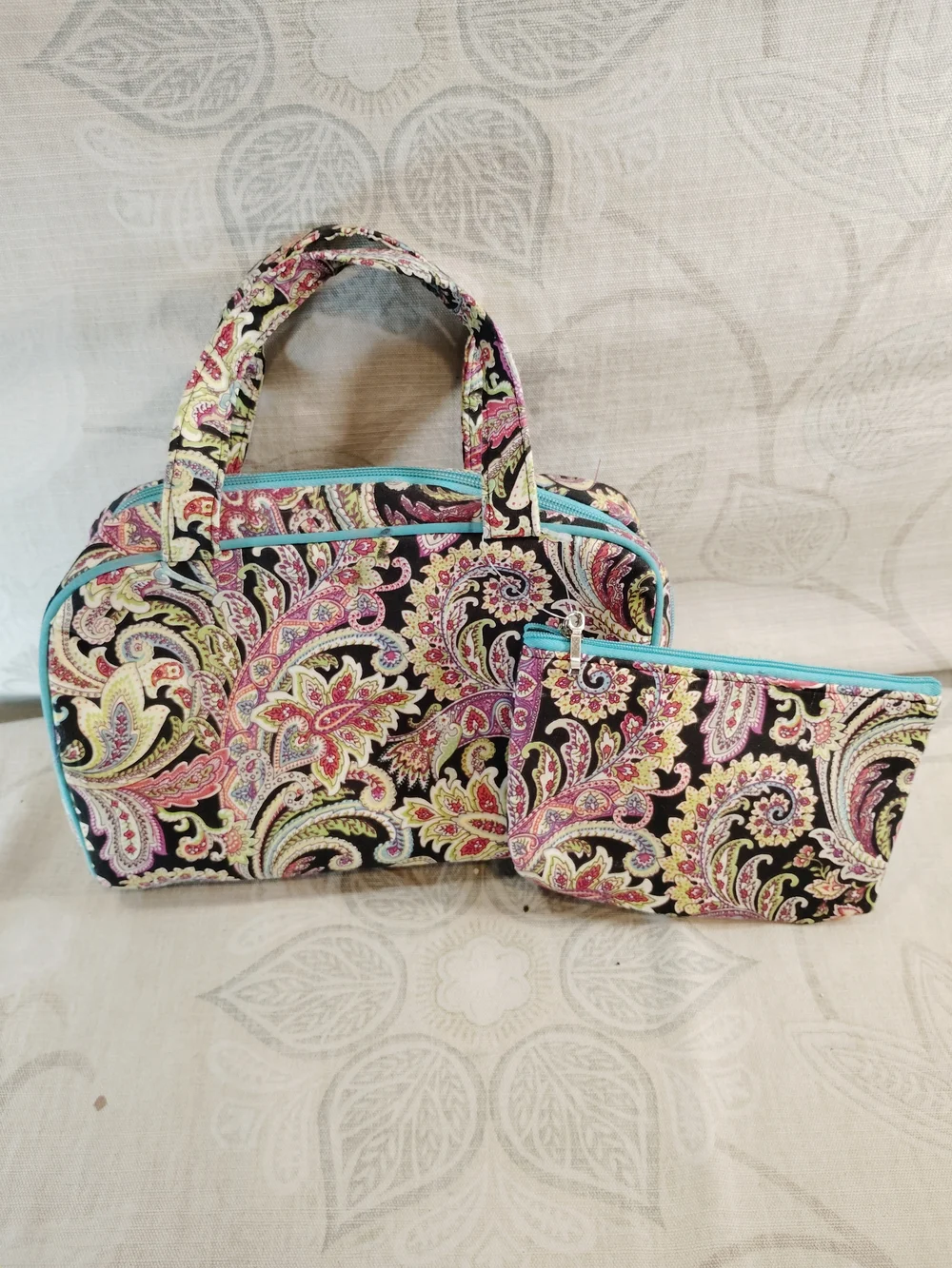2pc Paisley Print Cosmetic Bag Set - Black with Pink & Turquoise